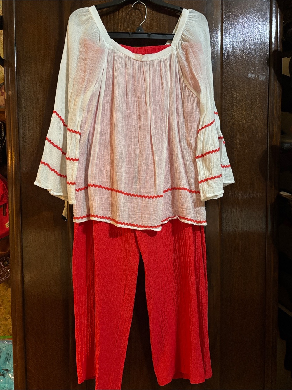 JM Collection Orange Pants and Grand & Green White Peasant Top w/ Rick Rack Trim
